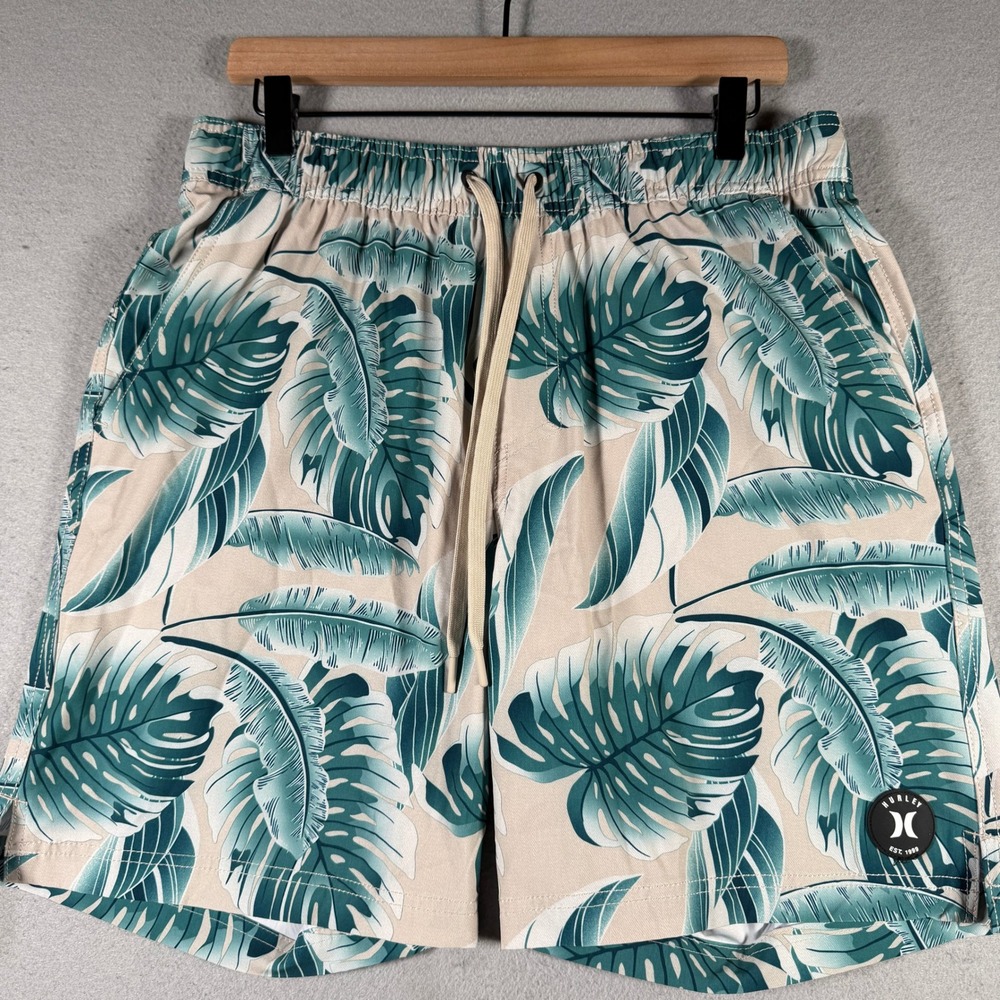 Hurley Mens Tropical Monstera Leaf Board Shorts Teal Cream Large 32x8